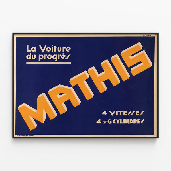 Vintage Poster Mathis The Car of Progress, 4 Gears, 4 Cylinders — framed artwork on a wall