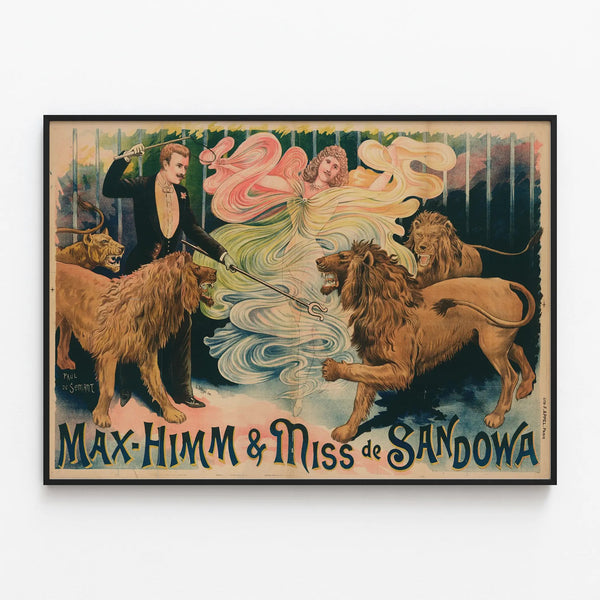 Vintage poster of Max-Himm & Miss de Sandowa with lion taming — framed artwork on a wall