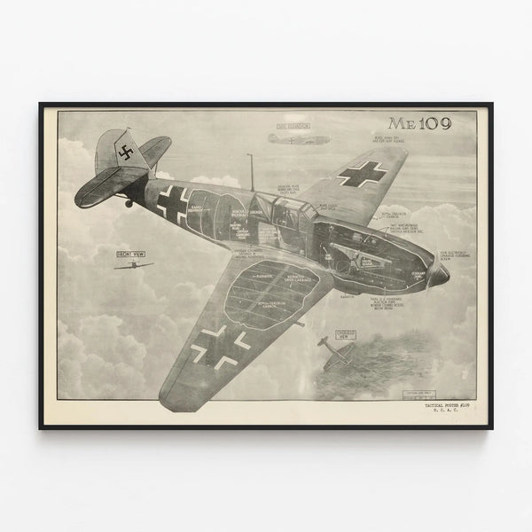 Decorative Poster of Me 109 Fighter Aircraft Technique — framed artwork on a wall