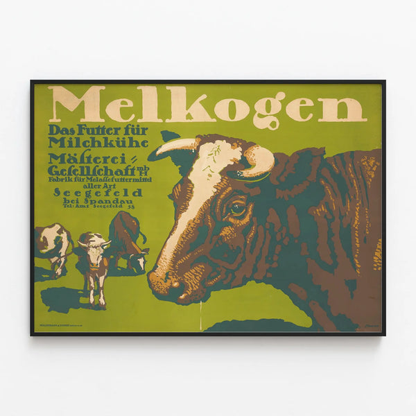 Vintage Melkogen poster for dairy cow feeding — framed artwork on a wall