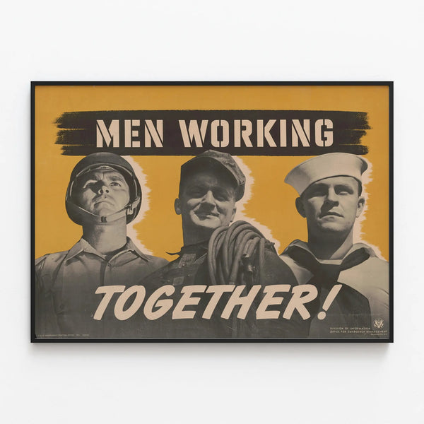 Vintage poster Men Working Together for wall decoration — framed artwork on a wall