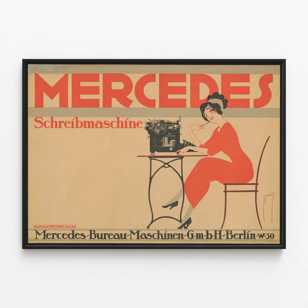 Vintage Mercedes typewriter poster for wall decoration — framed artwork on a wall