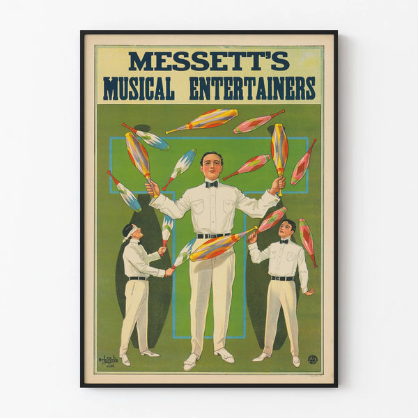 Vintage poster of Mesett's Musical Entertainers with colorful jugglers