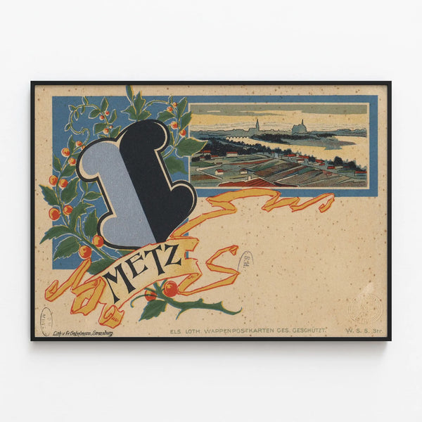 Vintage decorative poster of Metz with coat of arms and landscape — framed artwork on a wall