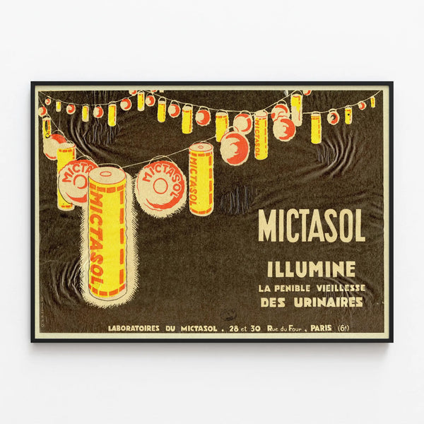 Vintage Mictasol poster for retro wall decoration — framed artwork on a wall