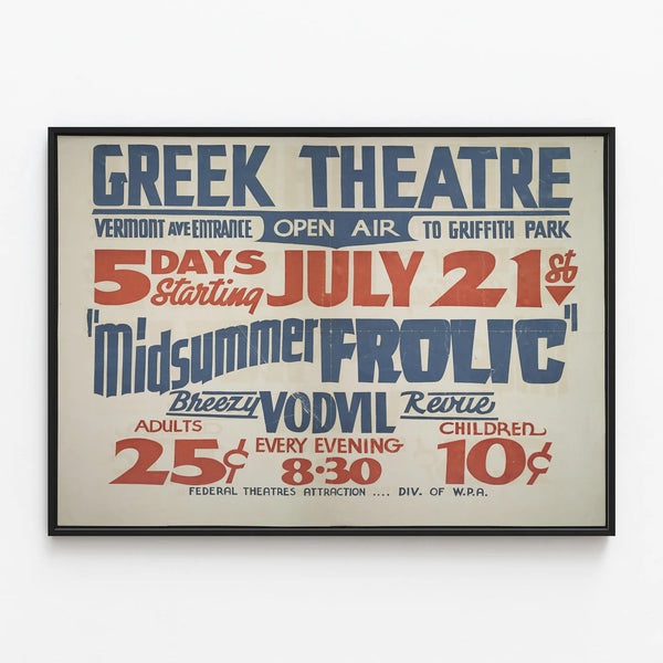 Greek Theatre Poster - Midsummer Frolic — framed artwork on a wall