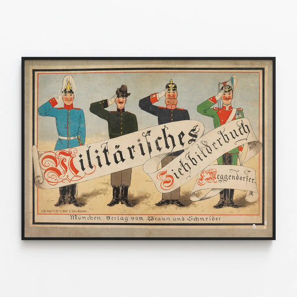 Vintage military poster with soldiers in period uniforms — framed artwork on a wall