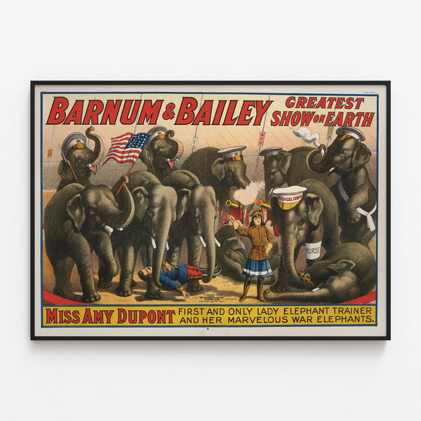 Vintage Poster of Miss Amy Dupont and Her Circus Elephants — framed artwork on a wall