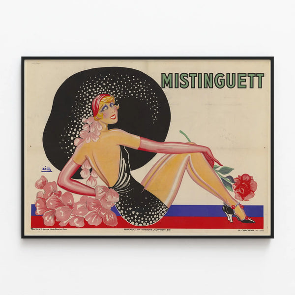 Vintage decorative poster of Mistinguett by Zig — framed artwork on a wall