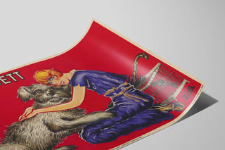 Vintage poster of Mistinguett dressed in blue with her gray dog — artwork view