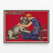 Vintage poster of Mistinguett dressed in blue with her gray dog — framed artwork on a wall