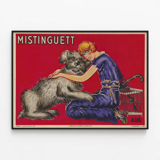 Vintage poster of Mistinguett dressed in blue with her gray dog — framed artwork on a wall
