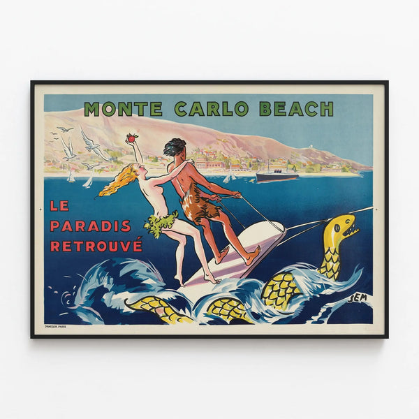 Vintage Monte Carlo Beach Poster - The Paradise Rediscovered — framed artwork on a wall