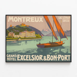 Vintage poster of Montreux Grand Hotel Excelsior & Bon-Port Lake Geneva Switzerland — framed artwork on a wall