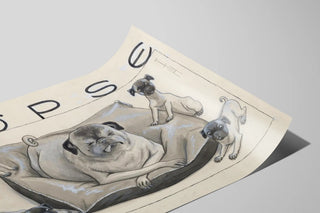 Decorative poster of a pug dog on a cushion with its puppies — artwork view