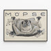 Decorative poster of a pug dog on a cushion with its puppies — framed artwork on a wall