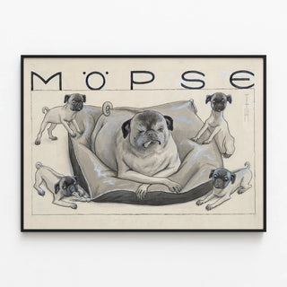 Decorative poster of a pug dog on a cushion with its puppies — framed artwork on a wall
