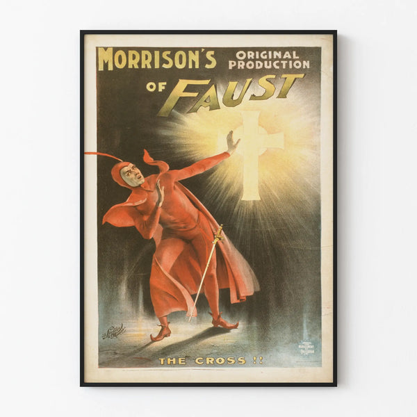 Vintage Morrison's Faust Poster with Figure in Red Costume and Illuminated Cross