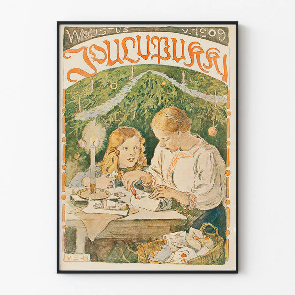 Vintage poster of mother and child preparing Christmas gifts