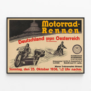 Vintage Poster Motorcycle Race Germany vs Austria 1936 — framed artwork on a wall