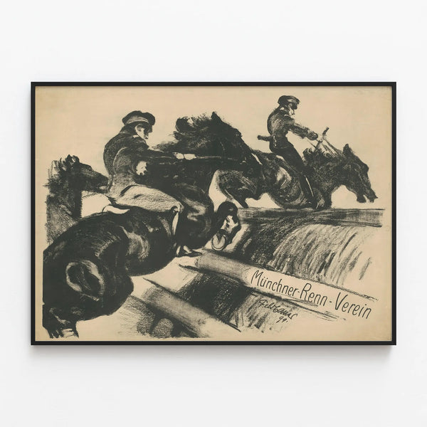 Vintage poster of horse racing Münchner Renn-Verein — framed artwork on a wall