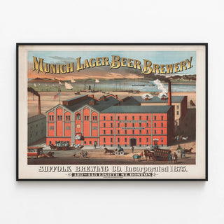 Vintage poster of the Munich Lager Beer Brewery in Boston — framed artwork on a wall