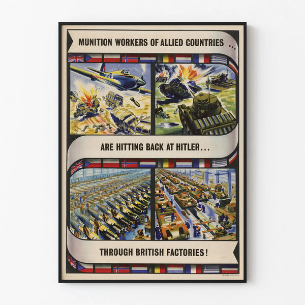 Vintage military poster of Allied ammunition workers in a British factory