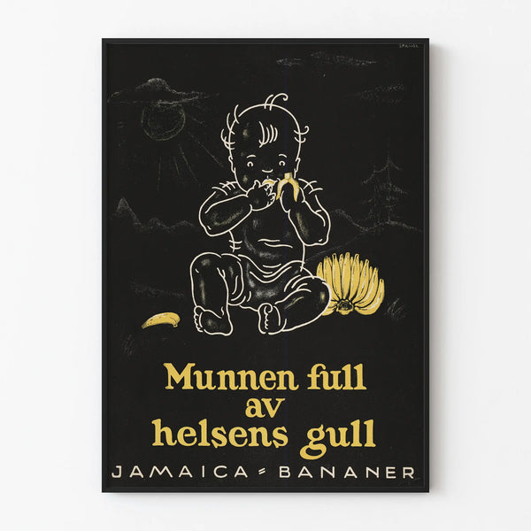 Vintage poster of a baby eating a Jamaican banana