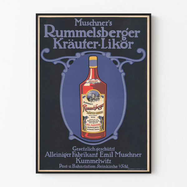 Vintage poster of Muschner's Rummelsberger herbal liqueur