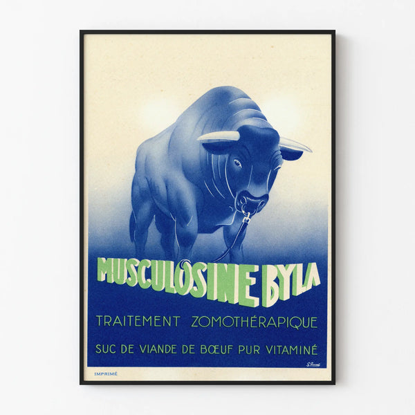 Vintage poster Musculosine Byla - Retro wall decoration with blue ox