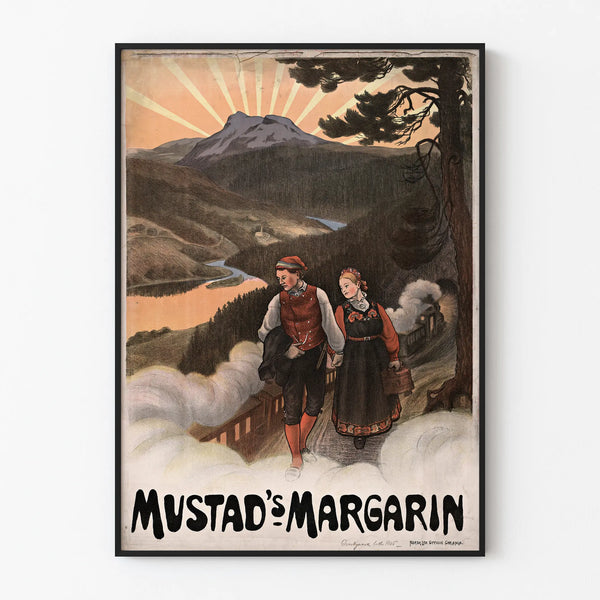 Vintage poster Mustad's Margarine landscape and couple in traditional costumes