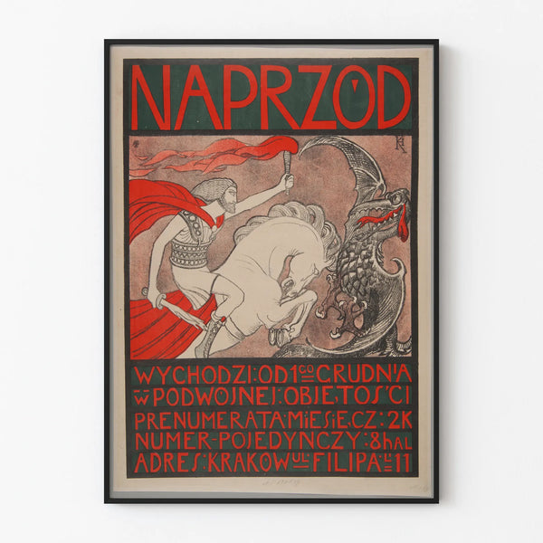 Vintage Poster Naprzod - Knight and Dragon in Red and Black