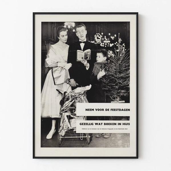 Vintage Christmas poster with family, books, and Christmas tree