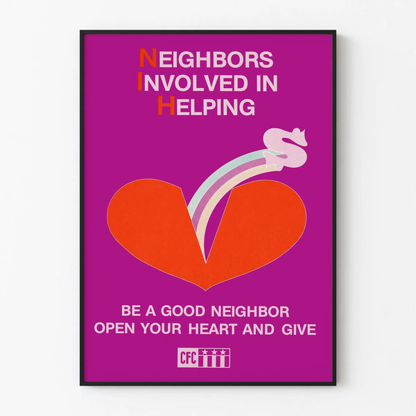 Vintage poster Neighbors involved in helping for wall decoration solidarity