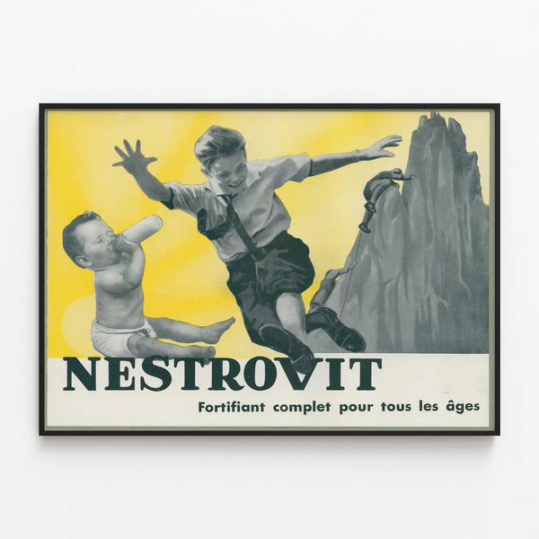 Vintage Nestrovit Poster - Complete Fortifying Supplement for All Ages — framed artwork on a wall
