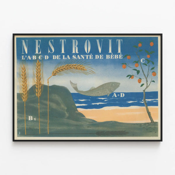Vintage Nestrovit ABCD Baby Health Poster — framed artwork on a wall