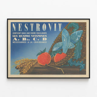 Vintage poster of Nestrovit vitamins A, B1, C, D — framed artwork on a wall