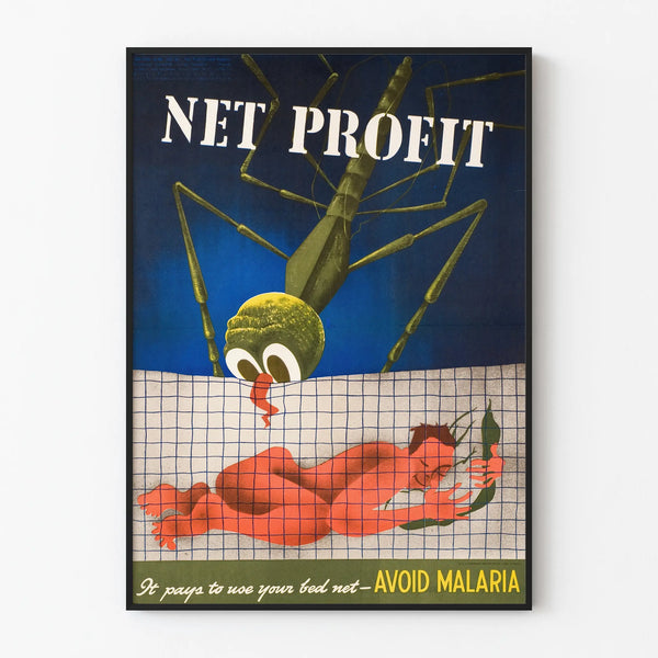 Vintage poster warning against malaria with mosquito net