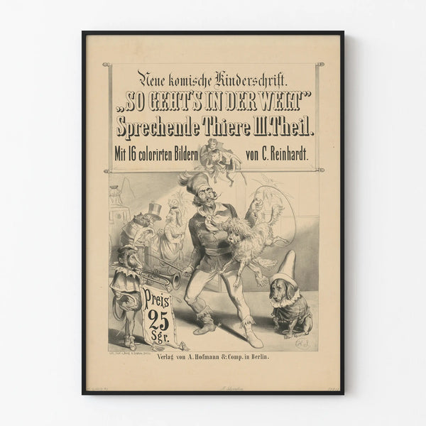 Vintage German poster of talking animals and costumed characters
