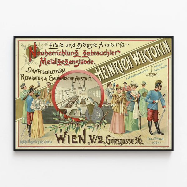Vintage poster of metallurgy and electroplating workshop Heinrich Wiktorin — framed artwork on a wall