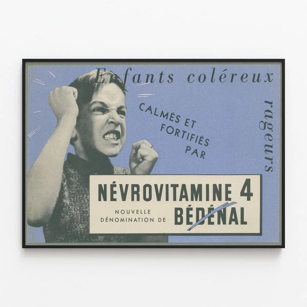 Vintage poster Névrovitamine 4 for irritable children — framed artwork on a wall
