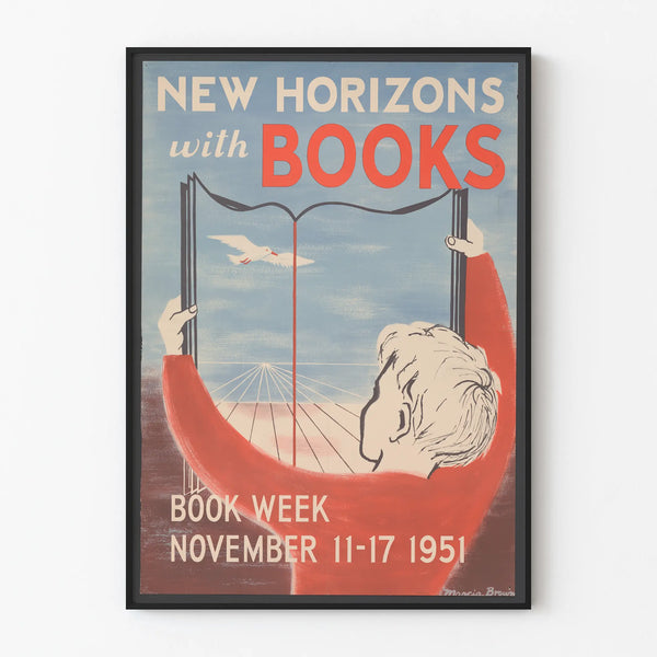 Vintage poster New Horizons with Books for wall decoration