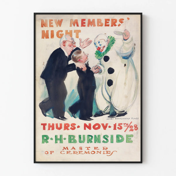 Vintage poster 'New Members' Night' with clown and elegant characters