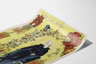 Vintage whimsical poster with character and red devil