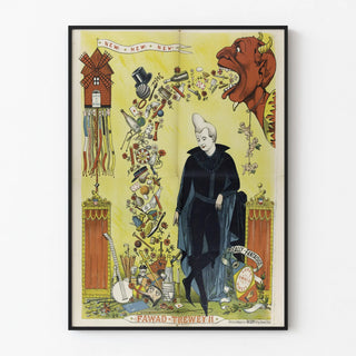 Vintage whimsical poster with character and red devil