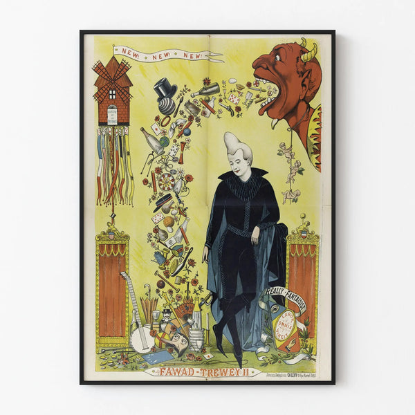 Vintage whimsical poster with character and red devil