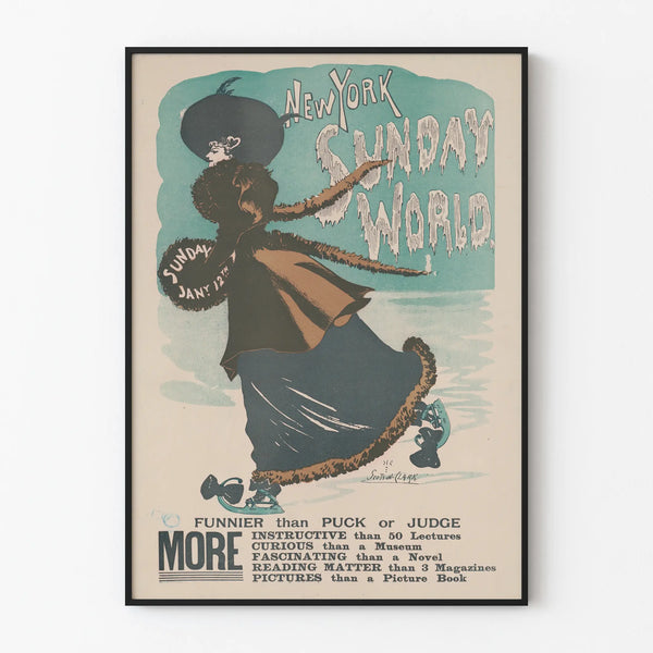 Vintage New York Sunday World Poster - Ice Skating Illustration