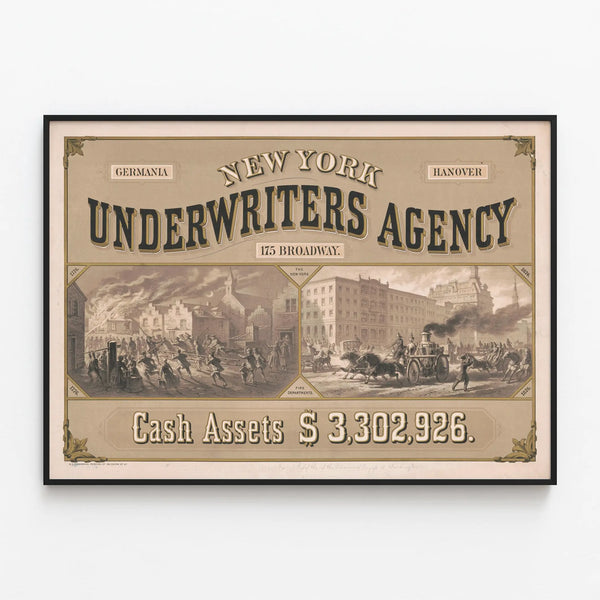 Vintage poster of New York Underwriters Agency for wall decoration — framed artwork on a wall