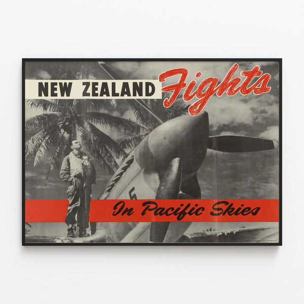 Vintage poster New Zealand Fights In Pacific Skies — framed artwork on a wall