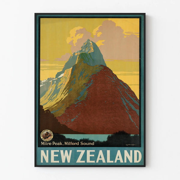 Vintage Poster of Mont Mitre Peak at Milford Sound, New Zealand